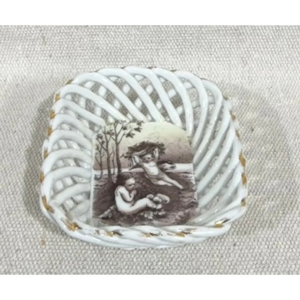 Antique Late 1800s Porcelain Reticulated Trinket Basket Cherub Putti Gilt Edge